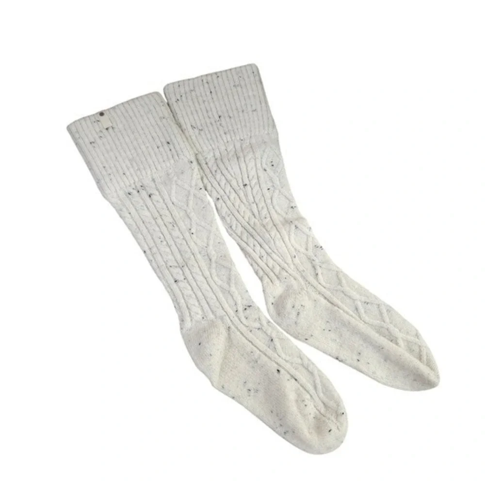 UGG Laila Tall Cable Knit Socks Cream Speckle Fold Over Cuff  Boot Socks‎  LG